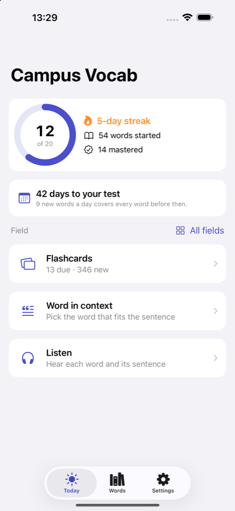 Campus Vocab daily goal and study modes