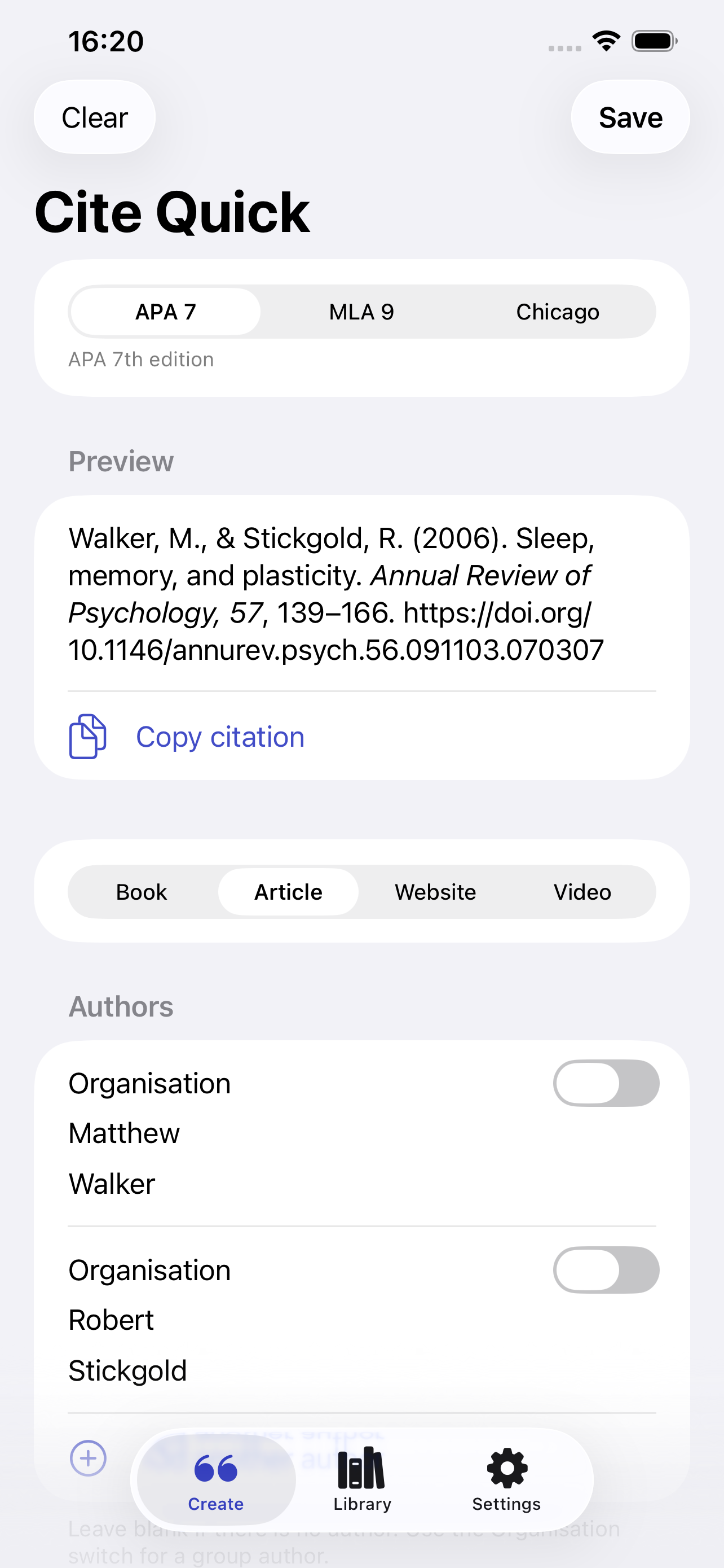 Cite Quick create screen