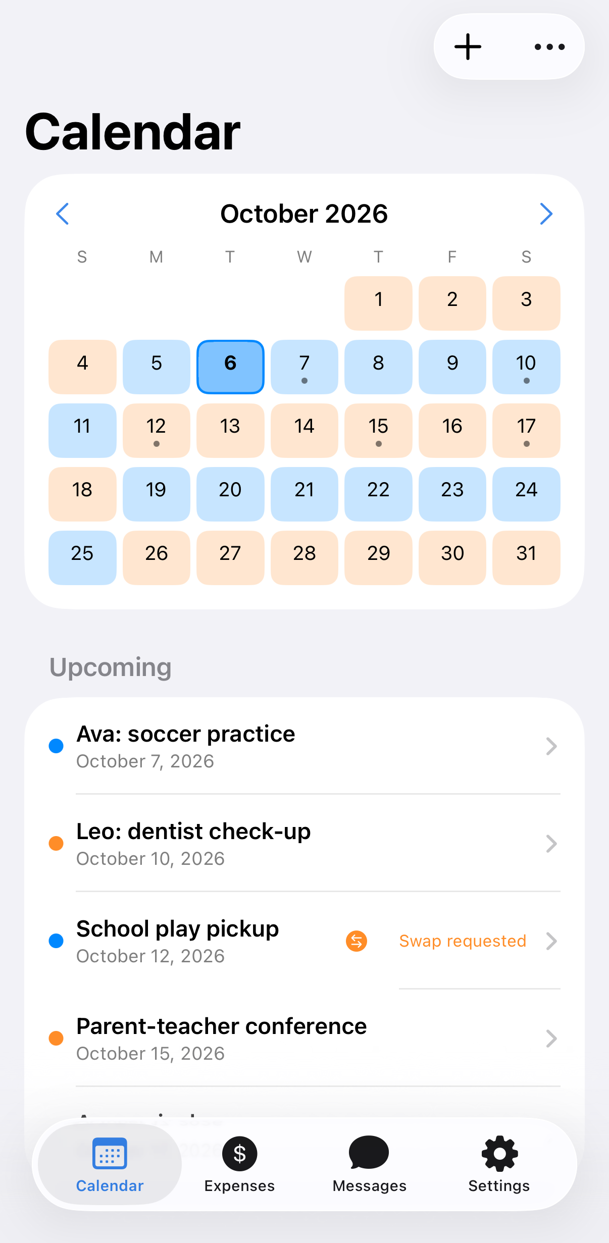 CoParent calendar with the custody schedule colored by parent