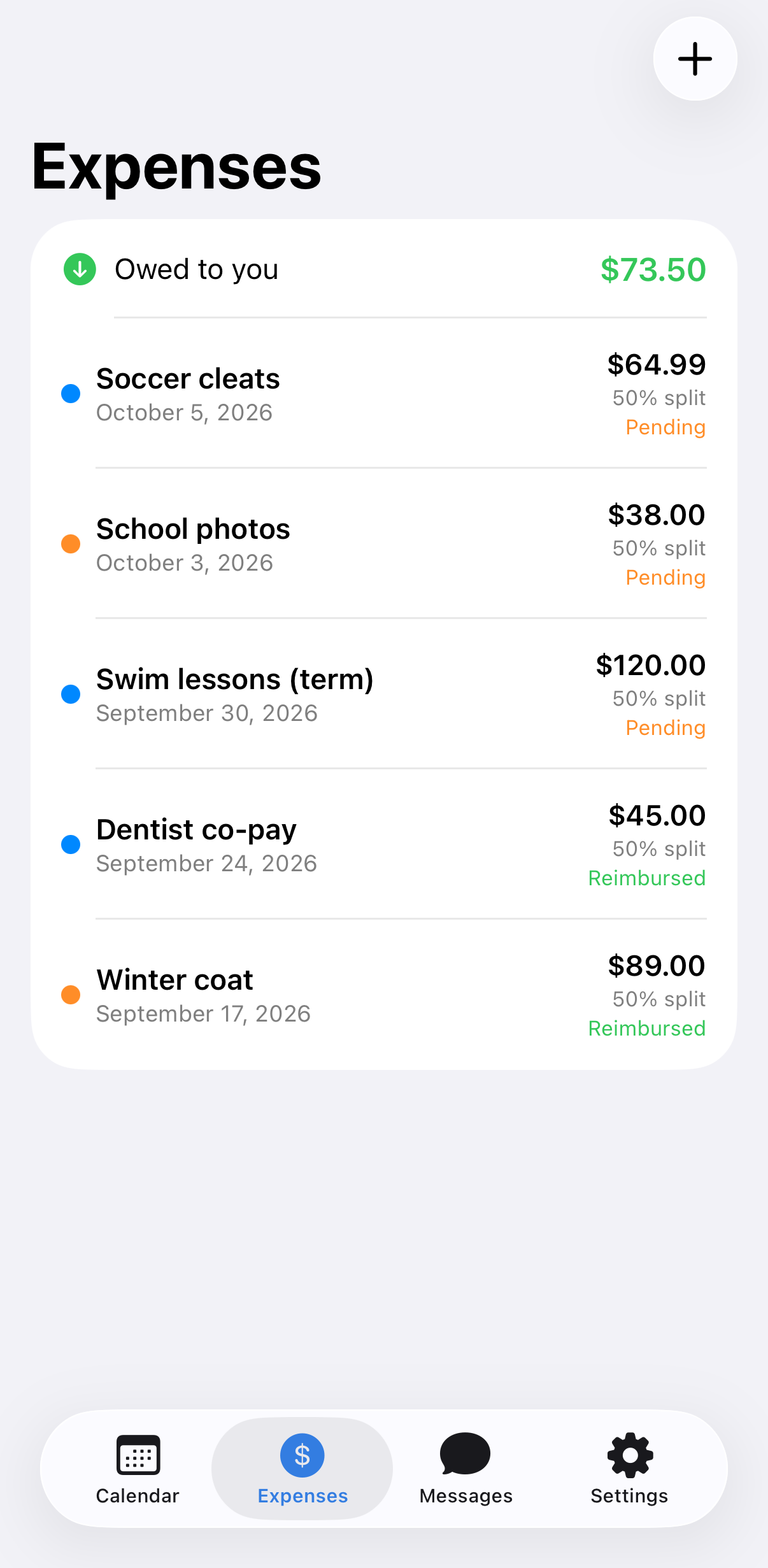 CoParent shared expenses with a running balance