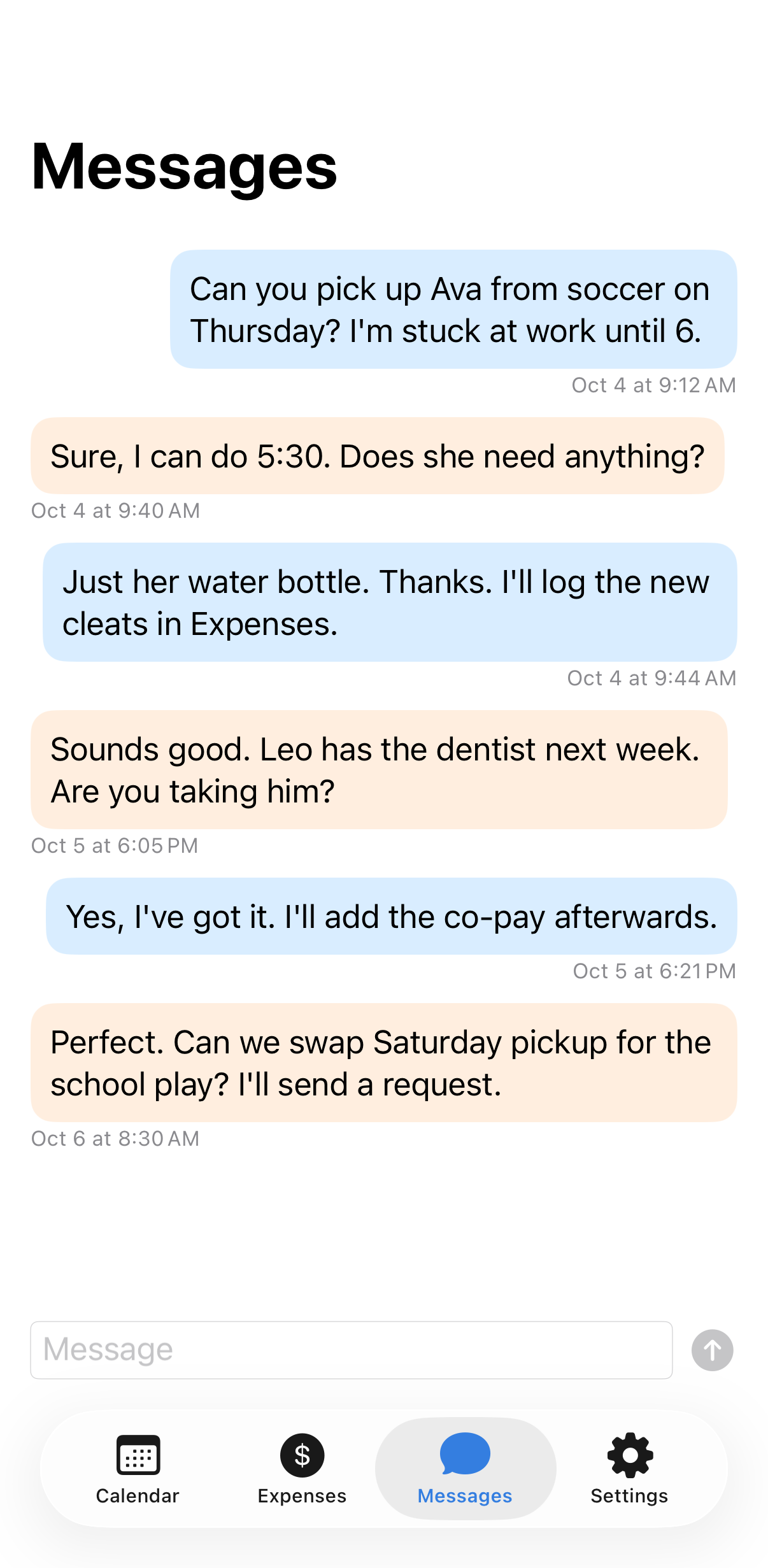 CoParent message thread between two parents
