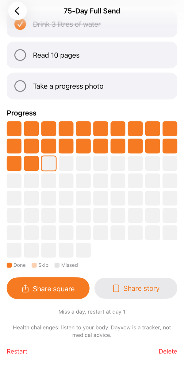 Dayvow progress screen