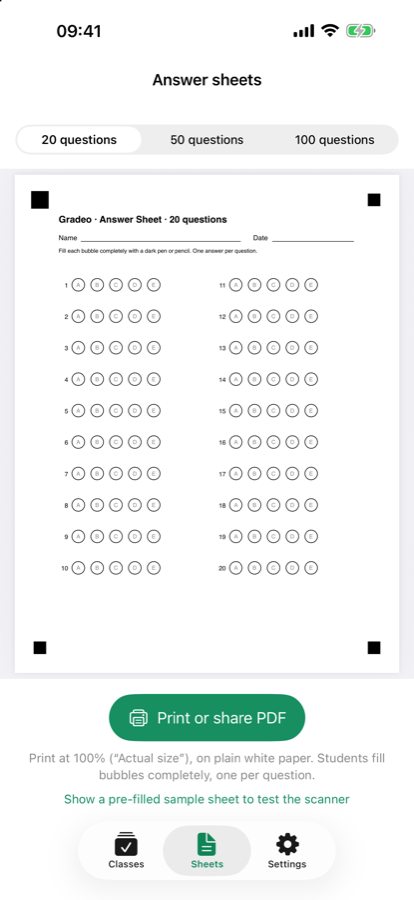 Gradeo printable answer sheet