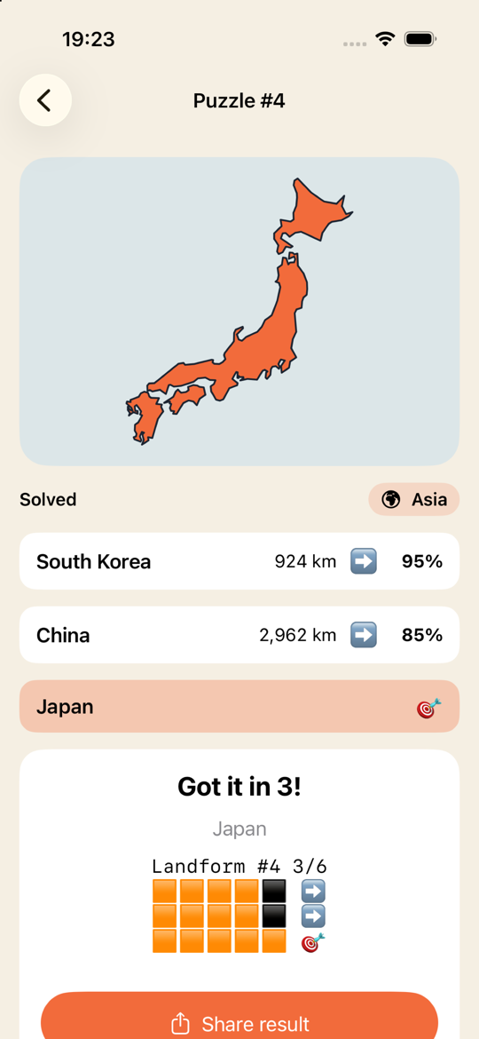 Landform solved puzzle with shareable result