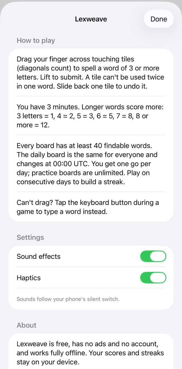 Lexweave info screen