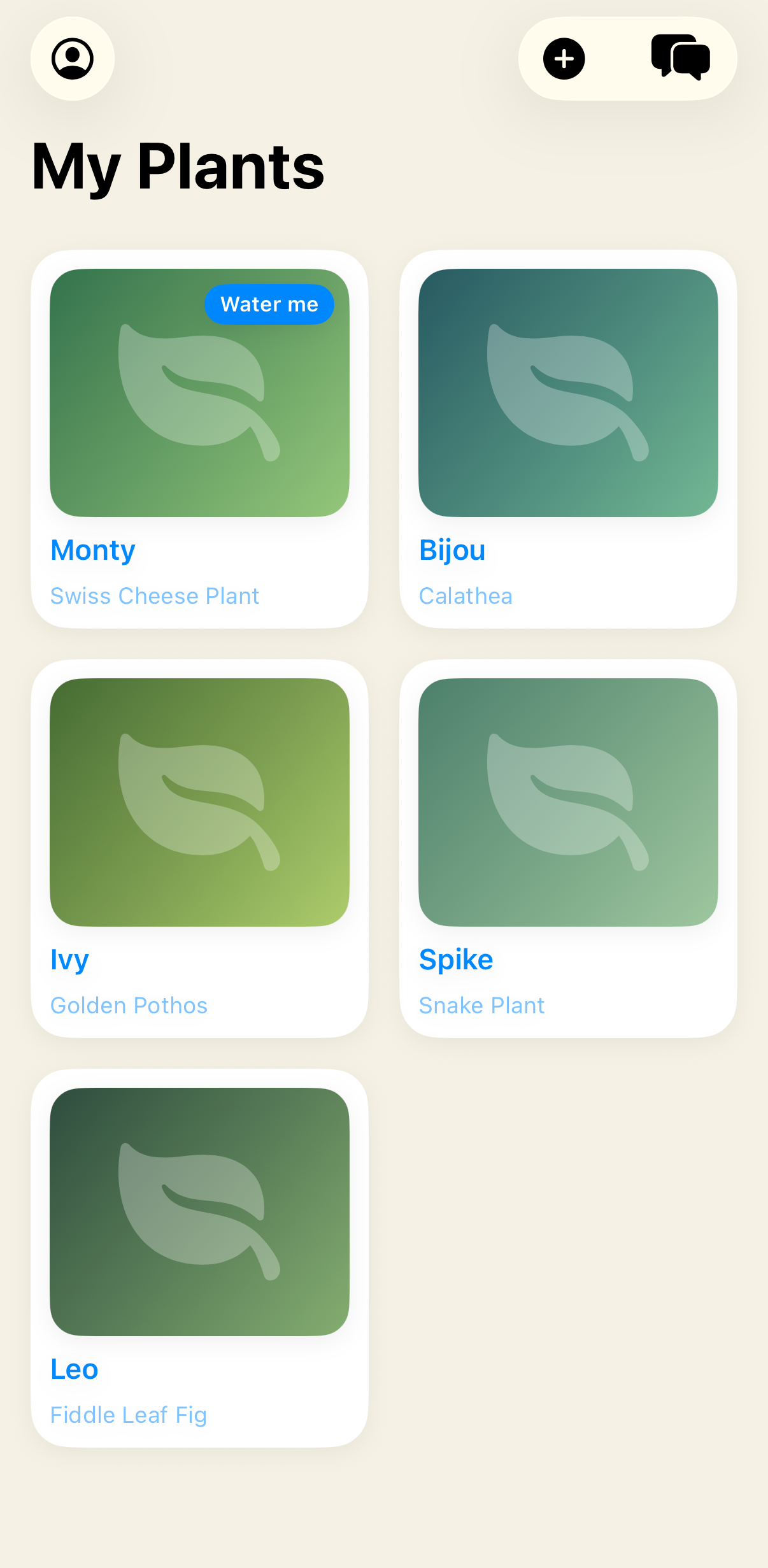 PlantVet My Plants grid with a Water me badge