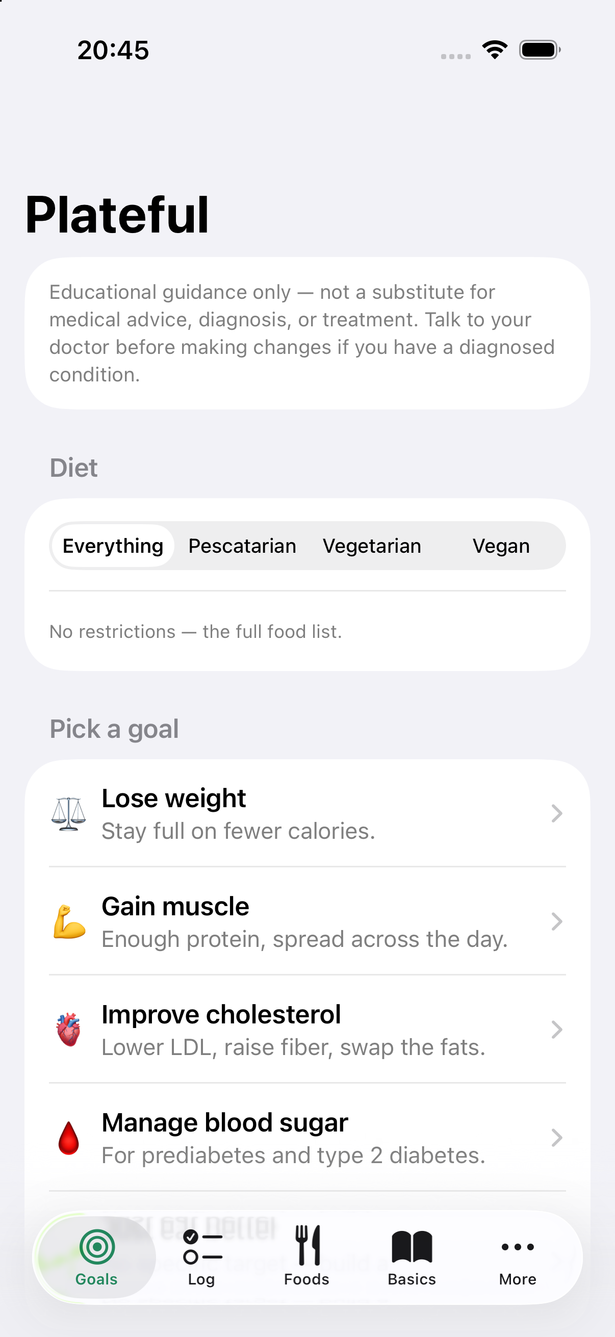 Plateful goals screen