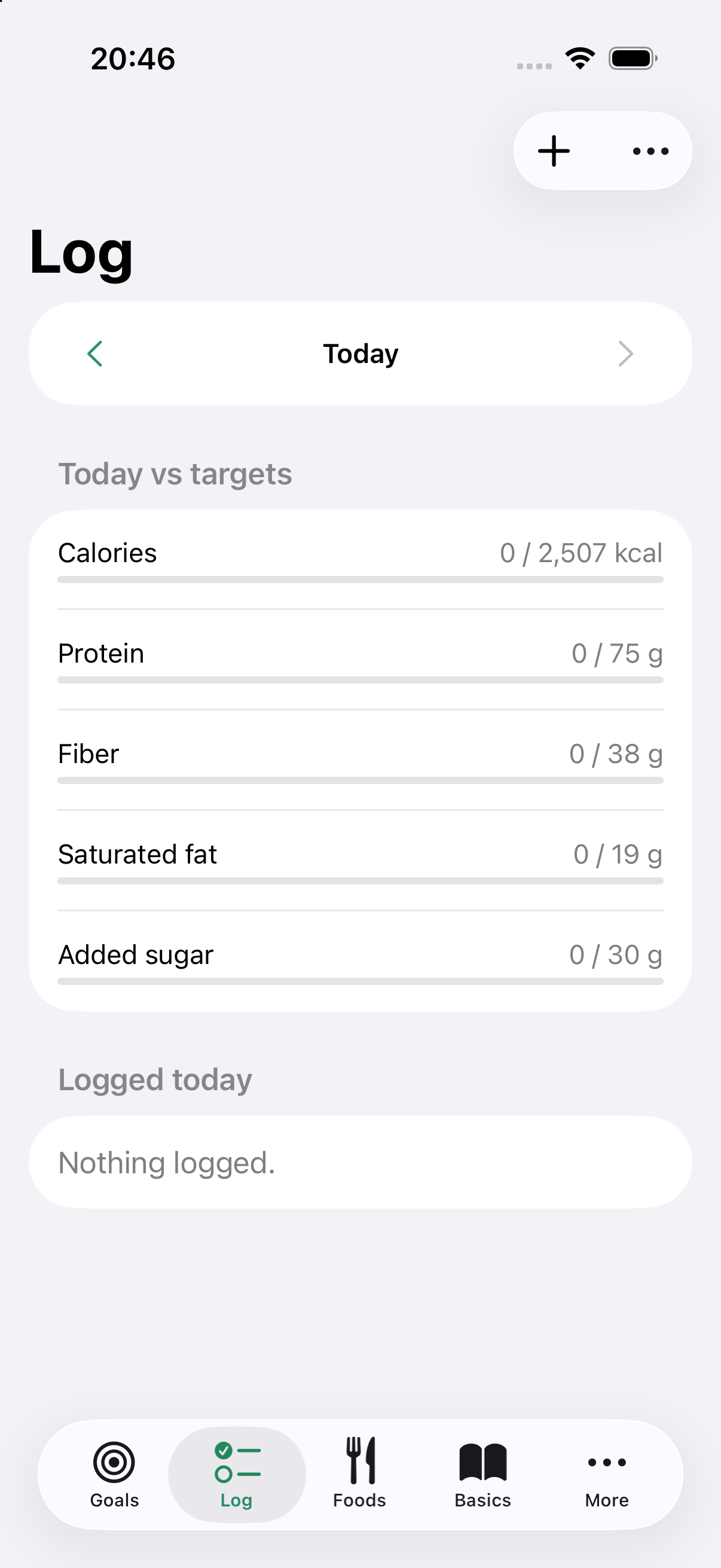 Plateful daily log screen
