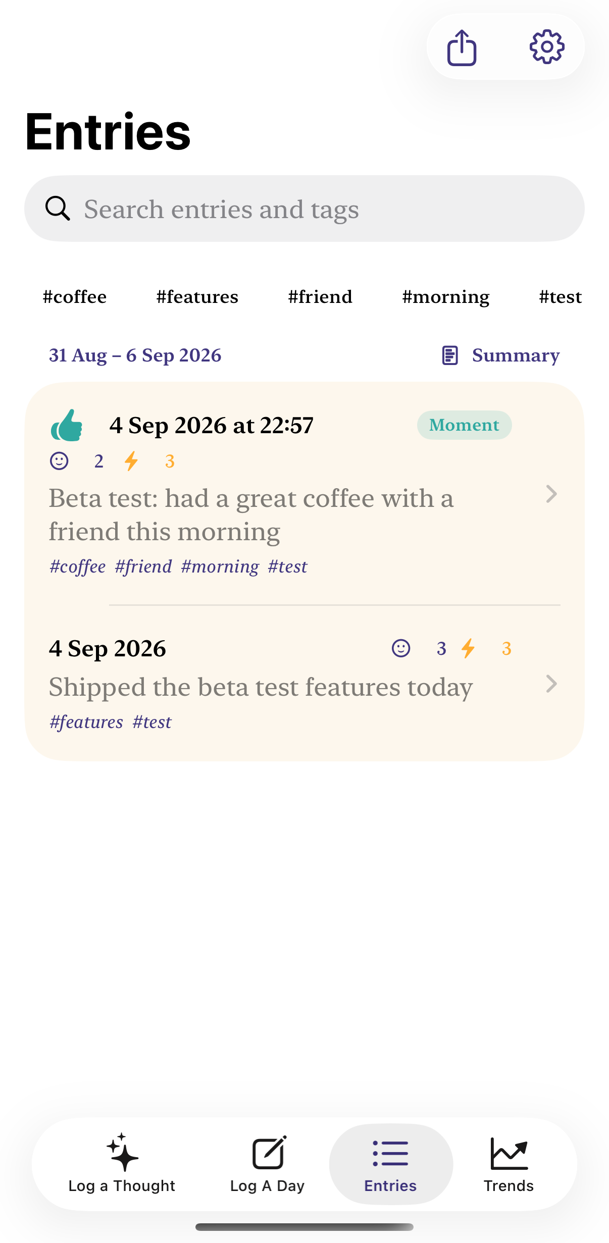 Reflect entries screen