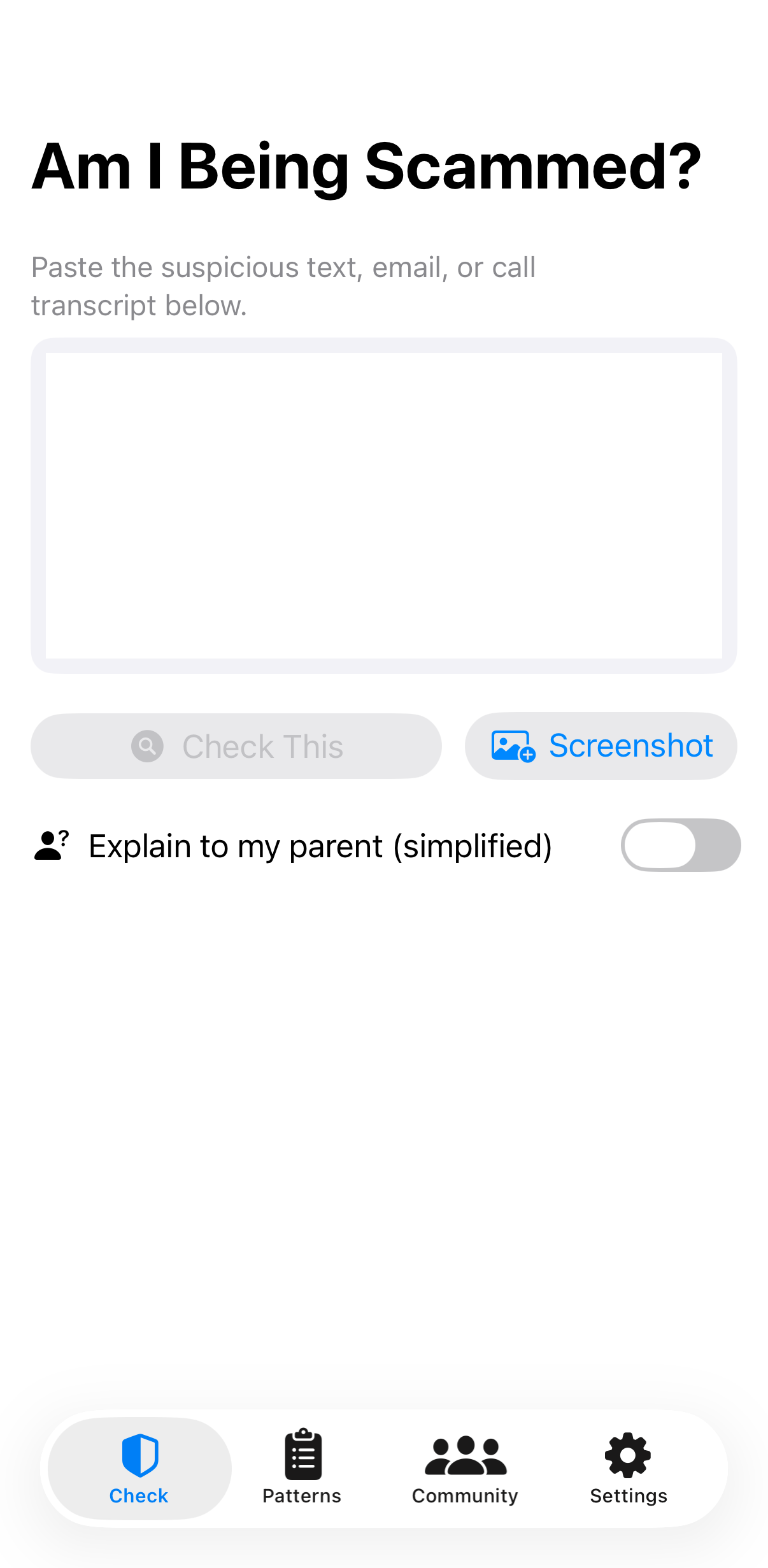 ScamCheck input screen
