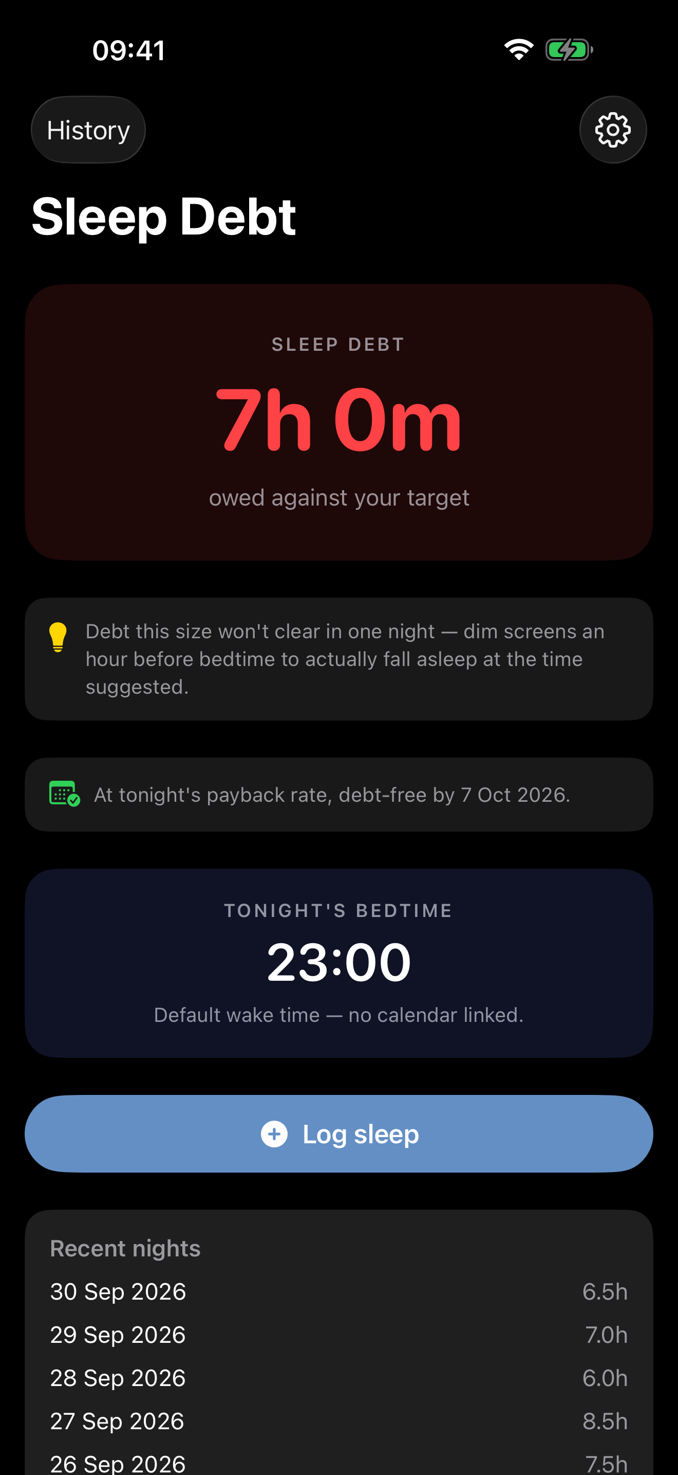 Sleep Debt Negotiator home screen
