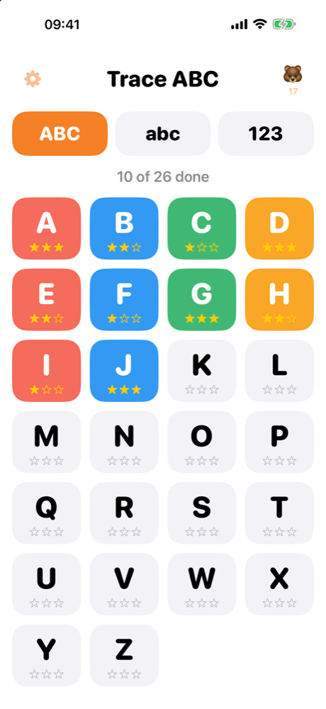 Trace ABC progress map of letters