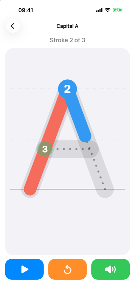 Tracing the letter A with numbered start dots