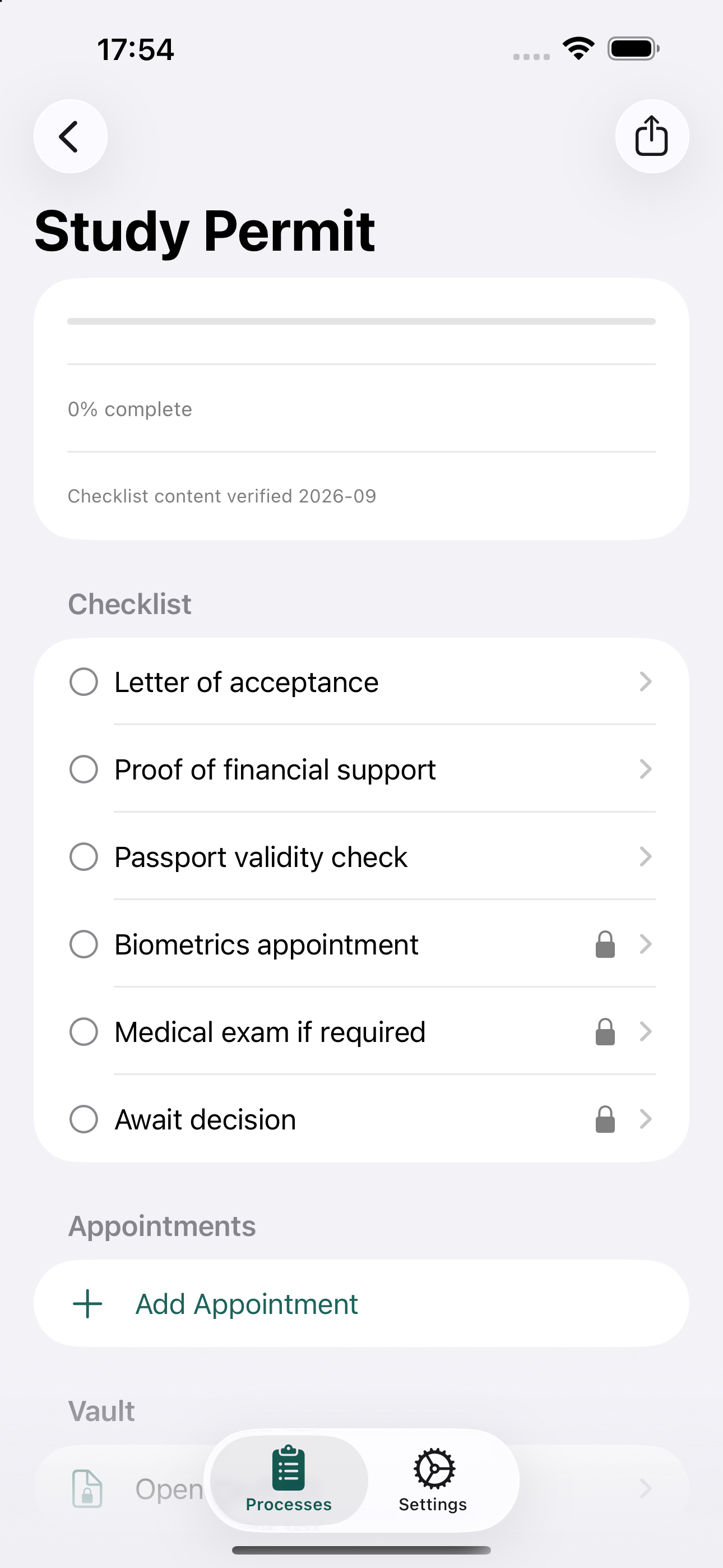 VisaWise checklist screen
