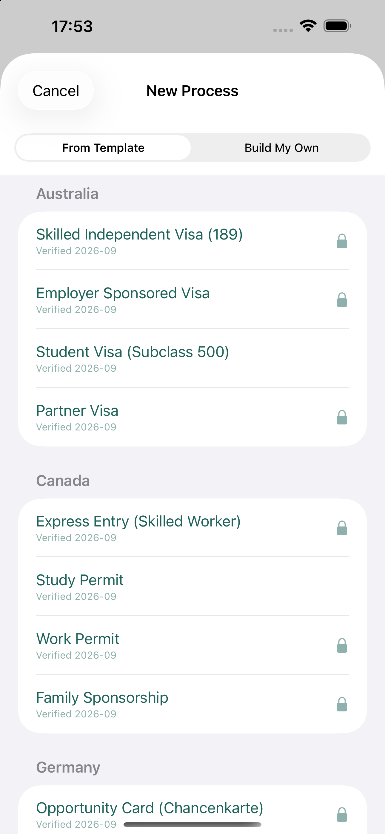 VisaWise process templates screen