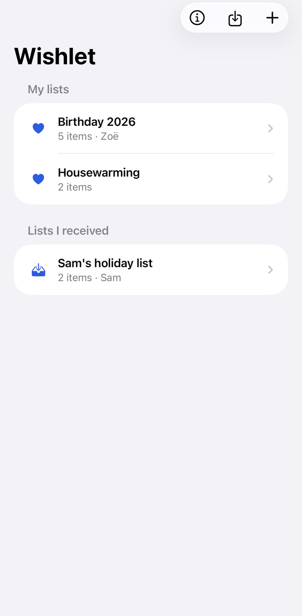 Wishlet home screen